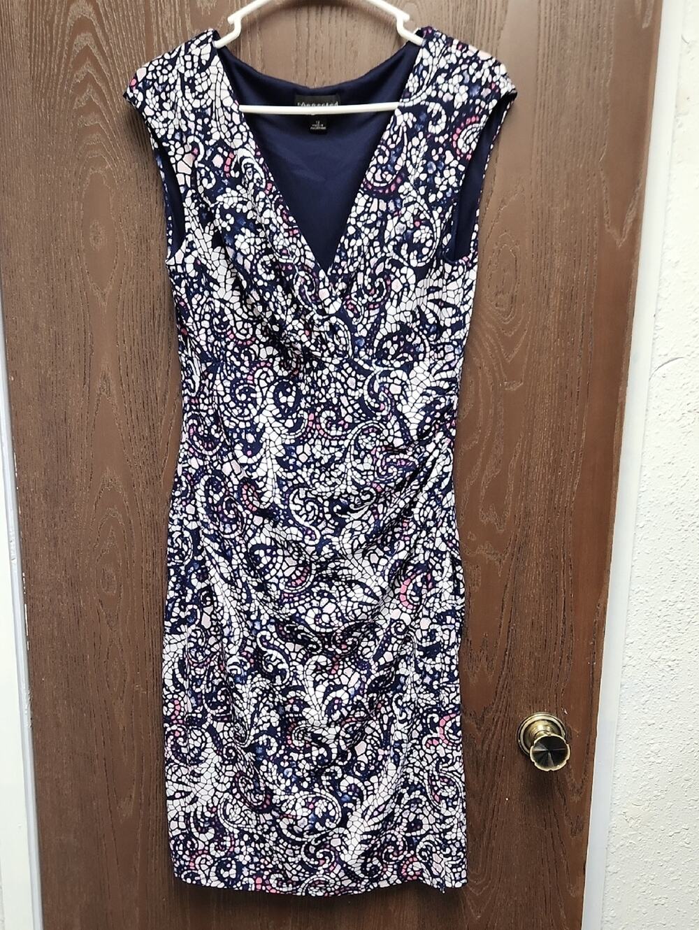 connected apparel Navy, White & Pink Printed Surplice Midi Dress